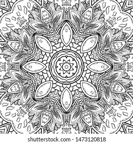 Seamless tracery tile mehndi design. Ethnic ornament, doodle symmetry texture. Folk traditional spiritual tribal design. Curved doodling motif. Binary monochrome black and white art. Vector