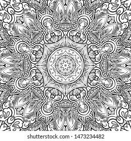 Seamless tracery tile mehndi design. Ethnic ornament, doodle symmetry texture. Folk traditional spiritual tribal design. Curved doodling motif. Binary monochrome black and white art. Vector