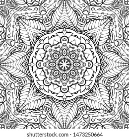 Seamless tracery tile mehndi design. Ethnic ornament, doodle symmetry texture. Folk traditional spiritual tribal design. Curved doodling motif. Binary monochrome black and white art. Vector