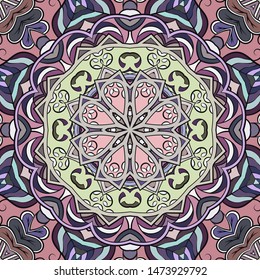 Seamless tracery tile mehndi design. Ethnic ornament, colorful doodle symmetry texture. Folk traditional spiritual tribal design. Curved doodling motif. Color art. Vector