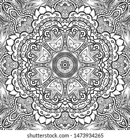 Seamless tracery tile mehndi design. Ethnic ornament, doodle symmetry texture. Folk traditional spiritual tribal design. Curved doodling motif. Binary monochrome black and white art. Vector