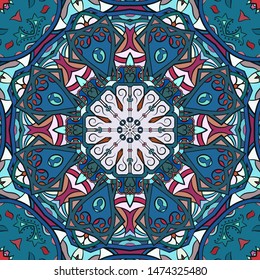 Seamless tracery tile mehndi design. Ethnic ornament, colorful doodle symmetry texture. Folk traditional spiritual tribal design. Curved doodling motif. Color art. Vector