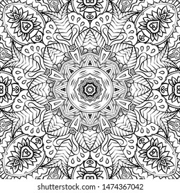 Seamless tracery tile mehndi design. Ethnic ornament, doodle symmetry texture. Folk traditional spiritual tribal design. Curved doodling motif. Binary monochrome black and white art. Vector