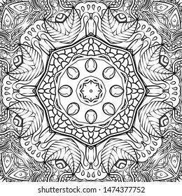 Seamless tracery tile mehndi design. Ethnic ornament, doodle symmetry texture. Folk traditional spiritual tribal design. Curved doodling motif. Binary monochrome black and white art. Vector
