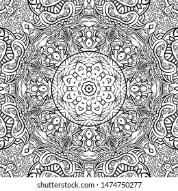Seamless tracery tile mehndi design. Ethnic ornament, doodle symmetry texture. Folk traditional spiritual tribal design. Curved doodling motif. Binary monochrome black and white art. Vector