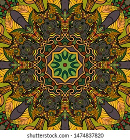 Seamless tracery tile mehndi design. Ethnic ornament, colorful doodle symmetry texture. Folk traditional spiritual tribal design. Curved doodling motif. Color art. Vector