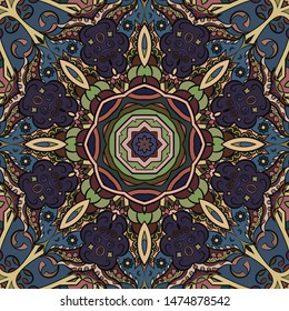 Seamless tracery tile mehndi design. Ethnic ornament, colorful doodle symmetry texture. Folk traditional spiritual tribal design. Curved doodling motif. Color art. Vector