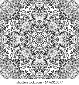 Seamless tracery tile mehndi design. Ethnic ornament, doodle symmetry texture. Folk traditional spiritual tribal design. Curved doodling motif. Binary monochrome black and white art. Vector