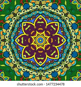 Seamless tracery tile mehndi design. Ethnic ornament, colorful doodle symmetry texture. Folk traditional spiritual tribal design. Curved doodling motif. Color art. Vector
