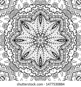 Seamless tracery tile mehndi design. Ethnic ornament, doodle symmetry texture. Folk traditional spiritual tribal design. Curved doodling motif. Binary monochrome black and white art. Vector