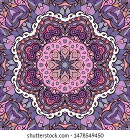 Seamless tracery tile mehndi design. Ethnic ornament, colorful doodle symmetry texture. Folk traditional spiritual tribal design. Curved doodling motif. Color art. Vector