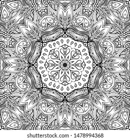 Seamless tracery tile mehndi design. Ethnic ornament, doodle symmetry texture. Folk traditional spiritual tribal design. Curved doodling motif. Binary monochrome black and white art. Vector