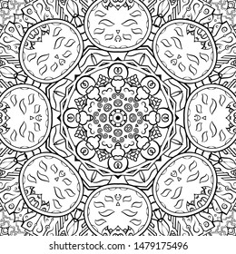 Seamless tracery tile mehndi design. Ethnic ornament, doodle symmetry texture. Folk traditional spiritual tribal design. Curved doodling motif. Binary monochrome black and white art. Vector