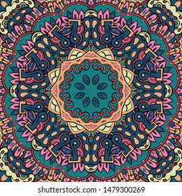 Seamless tracery tile mehndi design. Ethnic ornament, colorful doodle symmetry texture. Folk traditional spiritual tribal design. Curved doodling motif. Color art. Vector
