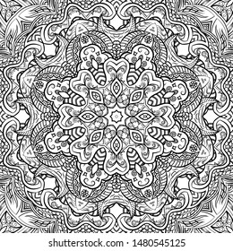Seamless tracery tile mehndi design. Ethnic ornament, doodle symmetry texture. Folk traditional spiritual tribal design. Curved doodling motif. Binary monochrome black and white art. Vector