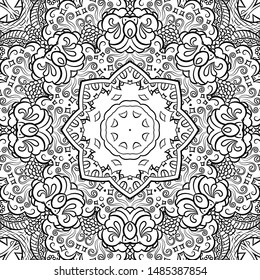 Seamless tracery tile mehndi design. Ethnic ornament, doodle symmetry texture. Folk traditional spiritual tribal design. Curved doodling motif. Binary monochrome black and white art. Vector