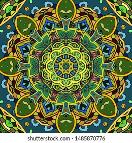 Seamless tracery tile mehndi design. Ethnic ornament, colorful doodle symmetry texture. Folk traditional spiritual tribal design. Curved doodling motif. Color art. Vector