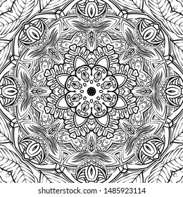 Seamless tracery tile mehndi design. Ethnic ornament, doodle symmetry texture. Folk traditional spiritual tribal design. Curved doodling motif. Binary monochrome black and white art. Vector