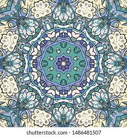 Seamless tracery tile mehndi design. Ethnic ornament, colorful doodle symmetry texture. Folk traditional spiritual tribal design. Curved doodling motif. Color art. Vector