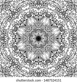 Seamless tracery tile mehndi design. Ethnic ornament, doodle symmetry texture. Folk traditional spiritual tribal design. Curved doodling motif. Binary monochrome black and white art. Vector
