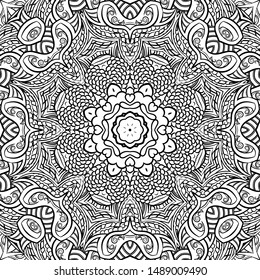 Seamless tracery tile mehndi design. Ethnic ornament, doodle symmetry texture. Folk traditional spiritual tribal design. Curved doodling motif. Binary monochrome black and white art. Vector