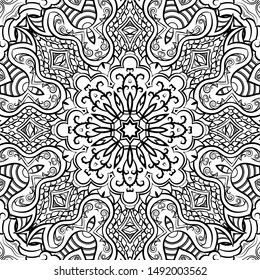 Seamless tracery tile mehndi design. Ethnic ornament, doodle symmetry texture. Folk traditional spiritual tribal design. Curved doodling motif. Binary monochrome black and white art. Vector