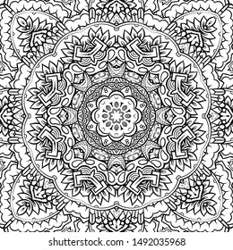 Seamless tracery tile mehndi design. Ethnic ornament, doodle symmetry texture. Folk traditional spiritual tribal design. Curved doodling motif. Binary monochrome black and white art. Vector