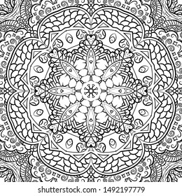 Seamless tracery tile mehndi design. Ethnic ornament, doodle symmetry texture. Folk traditional spiritual tribal design. Curved doodling motif. Binary monochrome black and white art. Vector