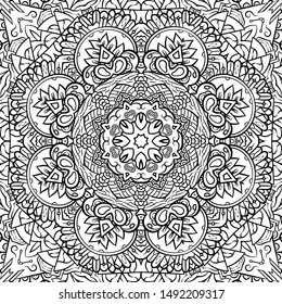 Seamless tracery tile mehndi design. Ethnic ornament, doodle symmetry texture. Folk traditional spiritual tribal design. Curved doodling motif. Binary monochrome black and white art. Vector