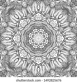 Seamless tracery tile mehndi design. Ethnic ornament, doodle symmetry texture. Folk traditional spiritual tribal design. Curved doodling motif. Binary monochrome black and white art. Vector