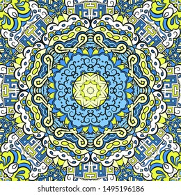 Seamless tracery tile mehndi design. Ethnic ornament, colorful doodle symmetry texture. Folk traditional spiritual tribal design. Curved doodling motif. Color art. Vector