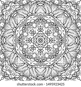 Seamless tracery tile mehndi design. Ethnic ornament, doodle symmetry texture. Folk traditional spiritual tribal design. Curved doodling motif. Binary monochrome black and white art. Vector