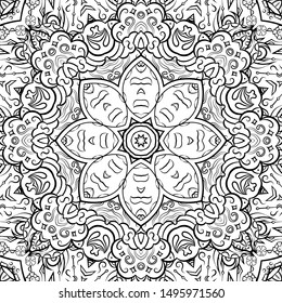 Seamless tracery tile mehndi design. Ethnic ornament, doodle symmetry texture. Folk traditional spiritual tribal design. Curved doodling motif. Binary monochrome black and white art. Vector