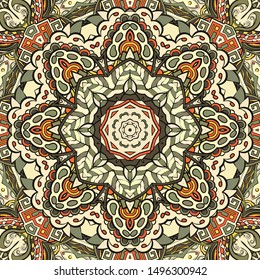 Seamless tracery tile mehndi design. Ethnic ornament, colorful doodle symmetry texture. Folk traditional spiritual tribal design. Curved doodling motif. Color art. Vector