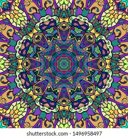 Seamless tracery tile mehndi design. Ethnic ornament, colorful doodle symmetry texture. Folk traditional spiritual tribal design. Curved doodling motif. Color art. Vector