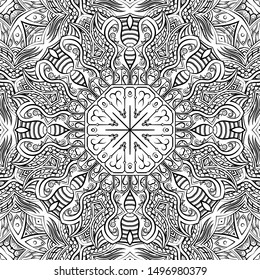 Seamless tracery tile mehndi design. Ethnic ornament, doodle symmetry texture. Folk traditional spiritual tribal design. Curved doodling motif. Binary monochrome black and white art. Vector