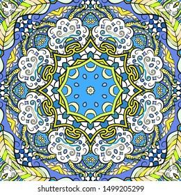 Seamless tracery tile mehndi design. Ethnic ornament, colorful doodle symmetry texture. Folk traditional spiritual tribal design. Curved doodling motif. Color art. Vector