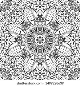 Seamless tracery tile mehndi design. Ethnic ornament, doodle symmetry texture. Folk traditional spiritual tribal design. Curved doodling motif. Binary monochrome black and white art. Vector