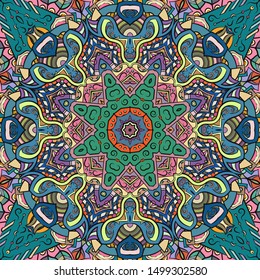 Seamless tracery tile mehndi design. Ethnic ornament, colorful doodle symmetry texture. Folk traditional spiritual tribal design. Curved doodling motif. Color art. Vector