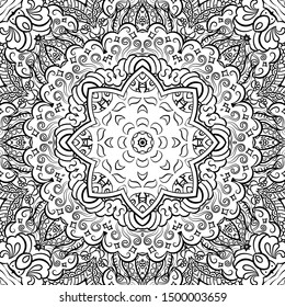 Seamless tracery tile mehndi design. Ethnic ornament, doodle symmetry texture. Folk traditional spiritual tribal design. Curved doodling motif. Binary monochrome black and white art. Vector
