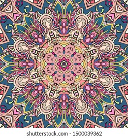 Seamless tracery tile mehndi design. Ethnic ornament, colorful doodle symmetry texture. Folk traditional spiritual tribal design. Curved doodling motif. Color art. Vector