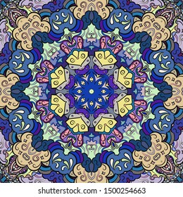 Seamless tracery tile mehndi design. Ethnic ornament, colorful doodle symmetry texture. Folk traditional spiritual tribal design. Curved doodling motif. Color art. Vector