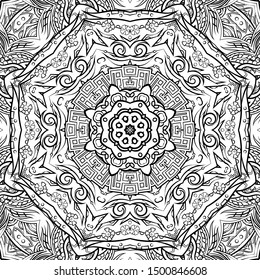 Seamless tracery tile mehndi design. Ethnic ornament, doodle symmetry texture. Folk traditional spiritual tribal design. Curved doodling motif. Binary monochrome black and white art. Vector