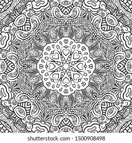 Seamless tracery tile mehndi design. Ethnic ornament, doodle symmetry texture. Folk traditional spiritual tribal design. Curved doodling motif. Binary monochrome black and white art. Vector