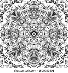 Seamless tracery tile mehndi design. Ethnic ornament, doodle symmetry texture. Folk traditional spiritual tribal design. Curved doodling motif. Binary monochrome black and white art. Vector