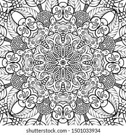 Seamless tracery tile mehndi design. Ethnic ornament, doodle symmetry texture. Folk traditional spiritual tribal design. Curved doodling motif. Binary monochrome black and white art. Vector