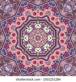 Seamless tracery tile mehndi design. Ethnic ornament, colorful doodle symmetry texture. Folk traditional spiritual tribal design. Curved doodling motif. Color art. Vector