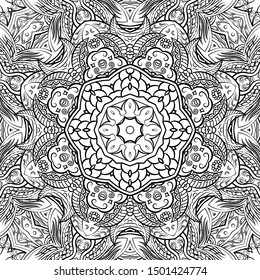 Seamless tracery tile mehndi design. Ethnic ornament, doodle symmetry texture. Folk traditional spiritual tribal design. Curved doodling motif. Binary monochrome black and white art. Vector
