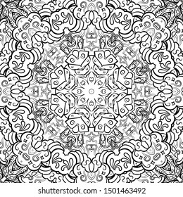 Seamless tracery tile mehndi design. Ethnic ornament, doodle symmetry texture. Folk traditional spiritual tribal design. Curved doodling motif. Binary monochrome black and white art. Vector