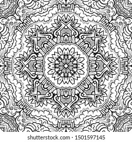 Seamless tracery tile mehndi design. Ethnic ornament, doodle symmetry texture. Folk traditional spiritual tribal design. Curved doodling motif. Binary monochrome black and white art. Vector